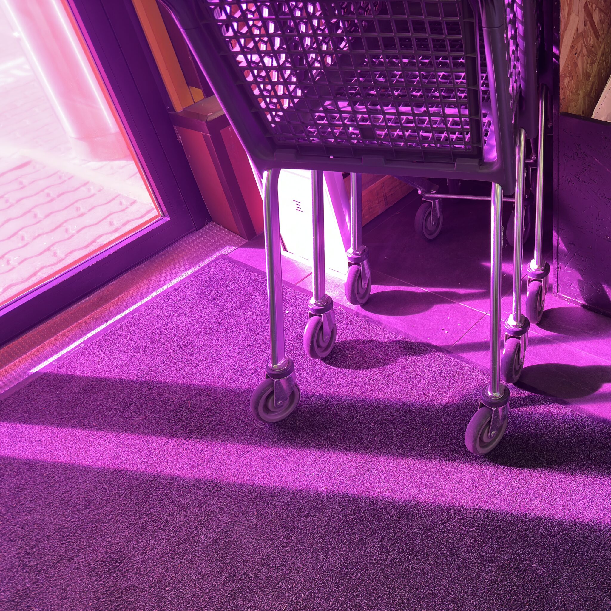 Lilla ostukäru poe sissepääsu juures.