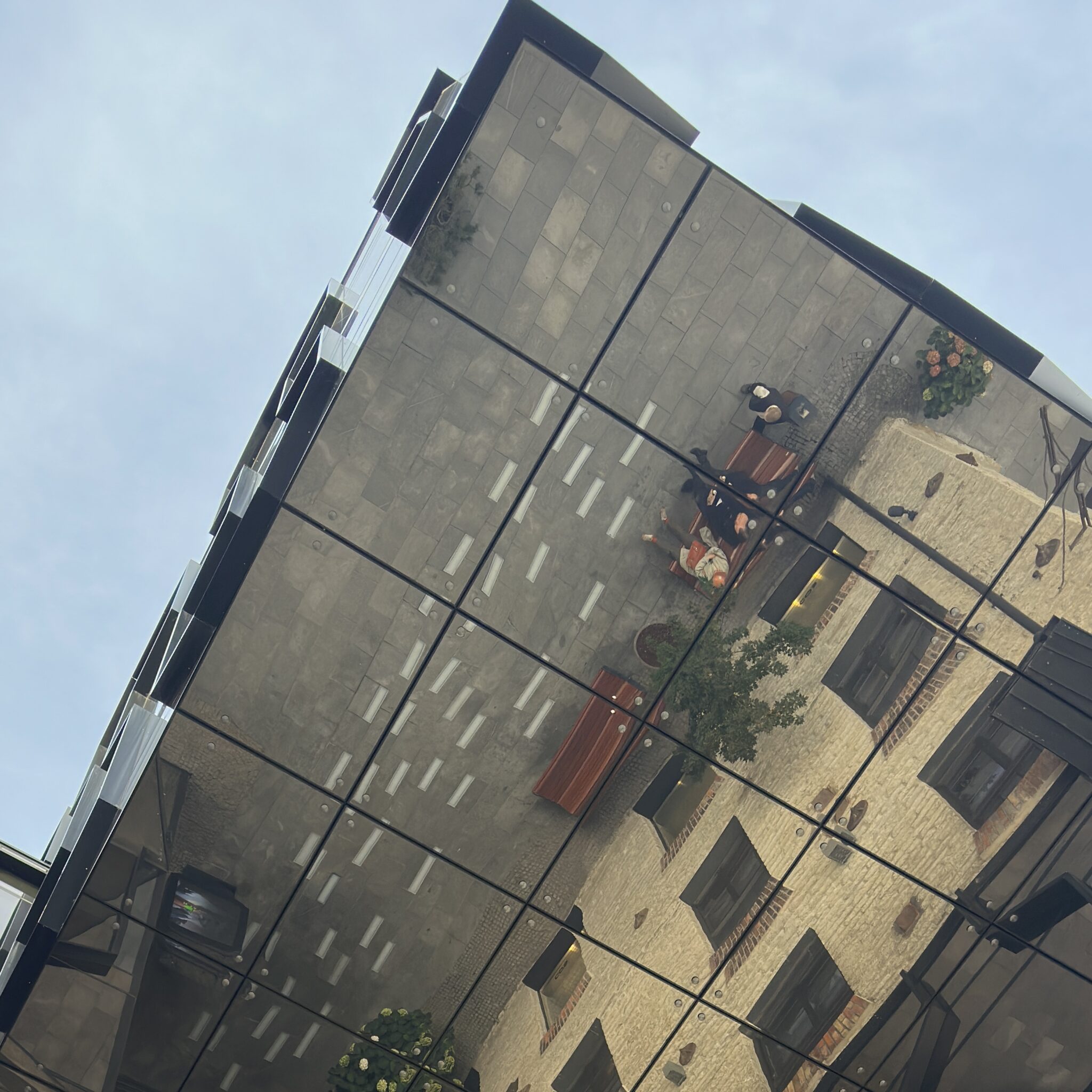 Inimeste ja taimede peegeldused kaasaegse hoone klaaspinnal.