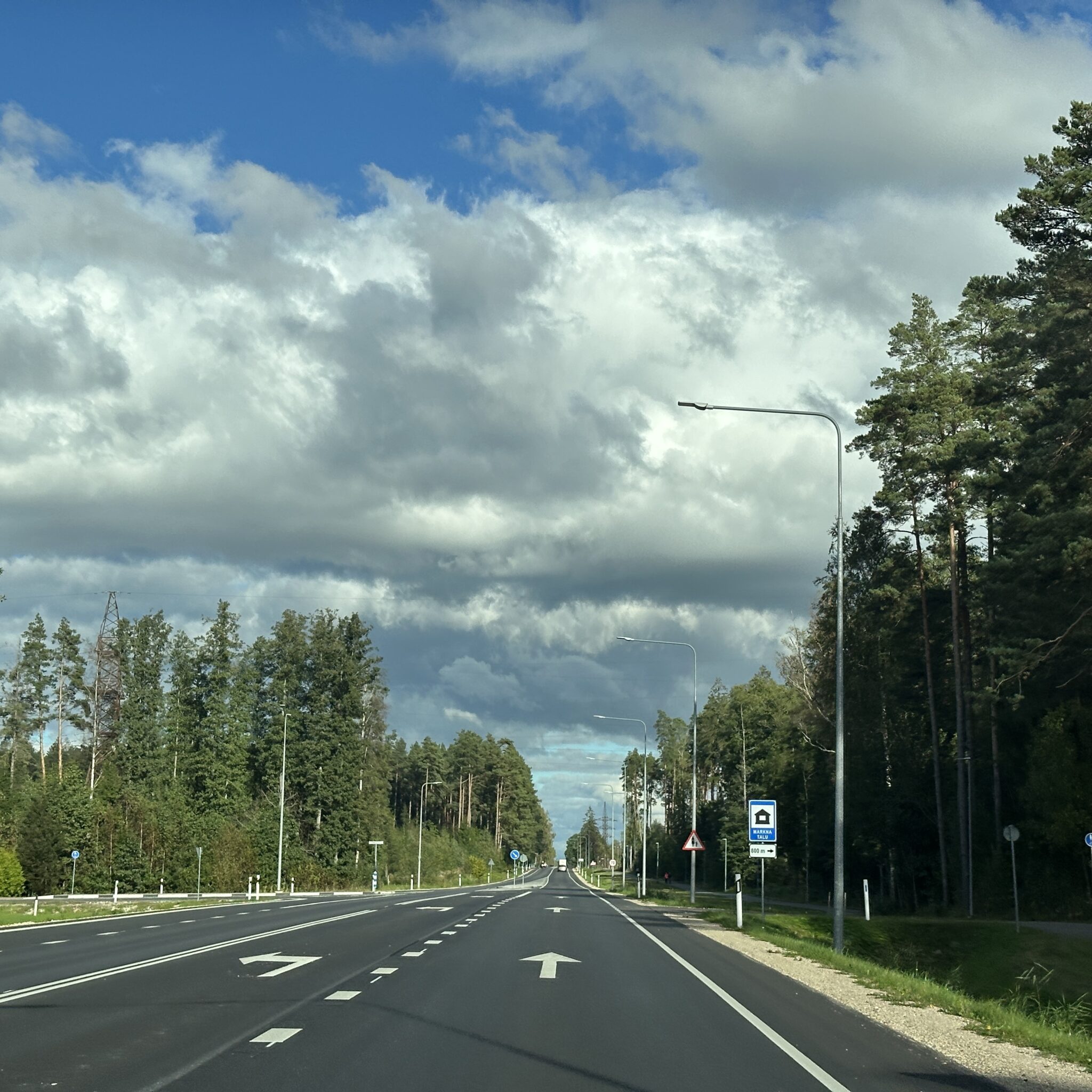 Tee puudega ääristatud, pilvine taevas.