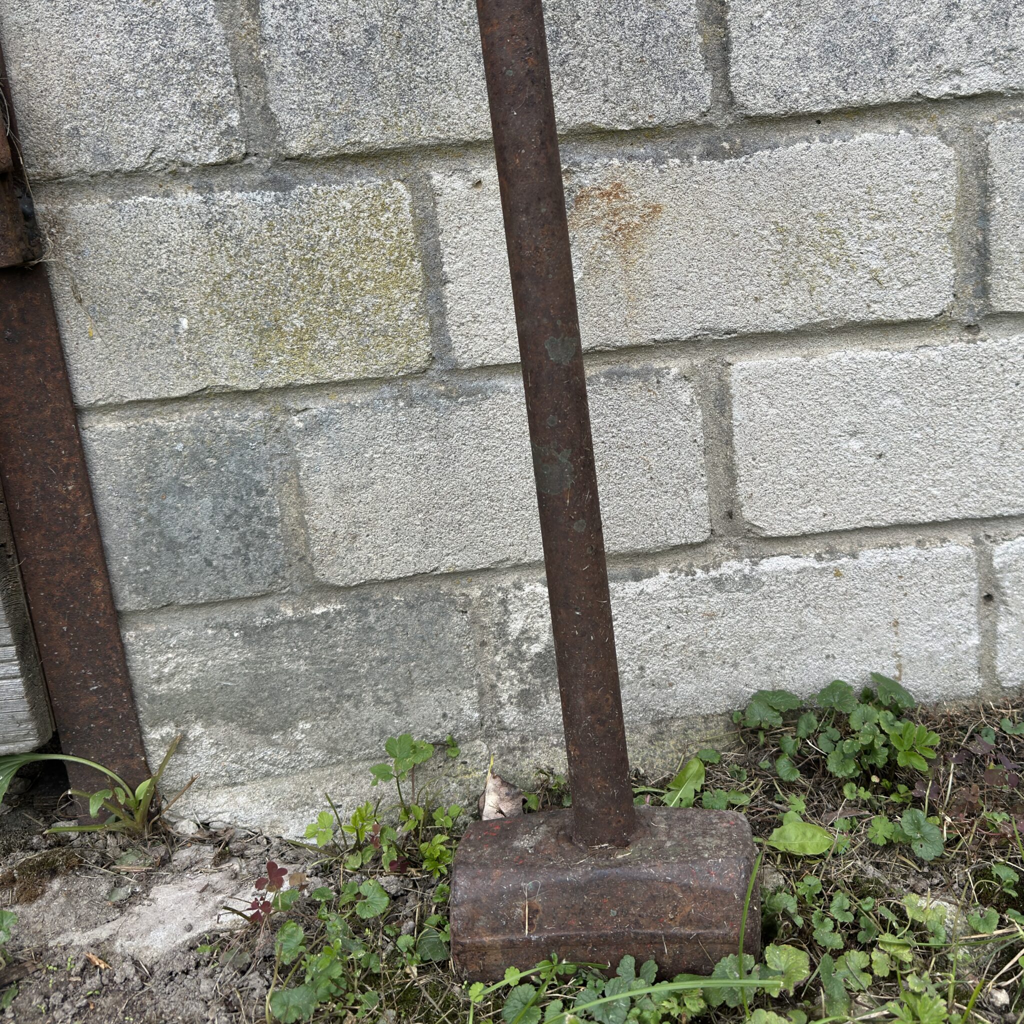 Vana roostes metallriist seismas ilmastikust kulunud betoonseina ees.