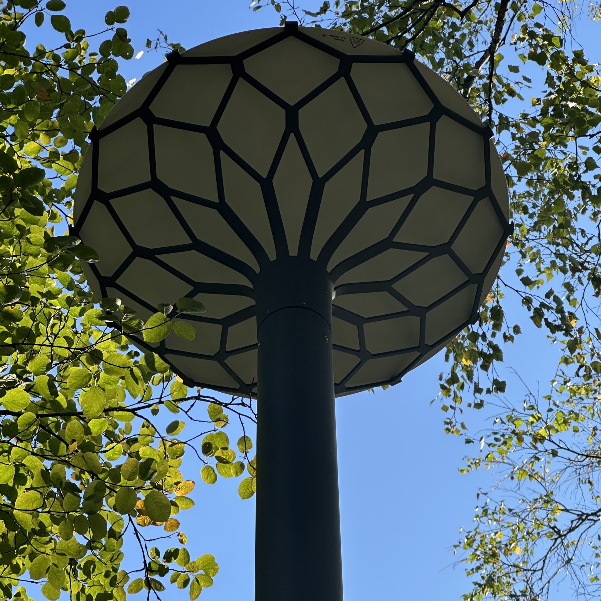 Geomeetrilise kujuga tänavavalgusti selge taeva ja roheluse taustal.