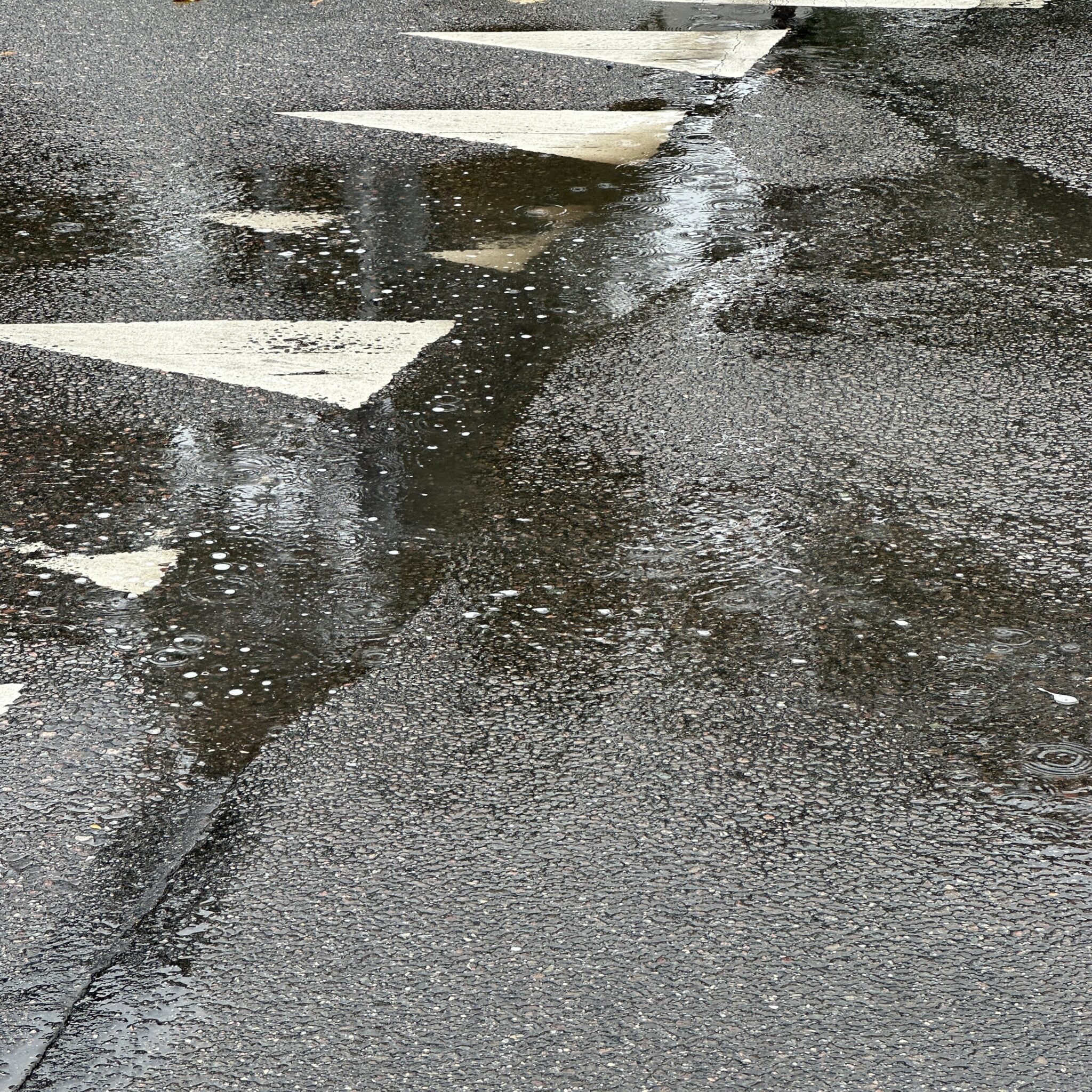 Märg tänav valgete joonte ja lompidel peegeldustega.