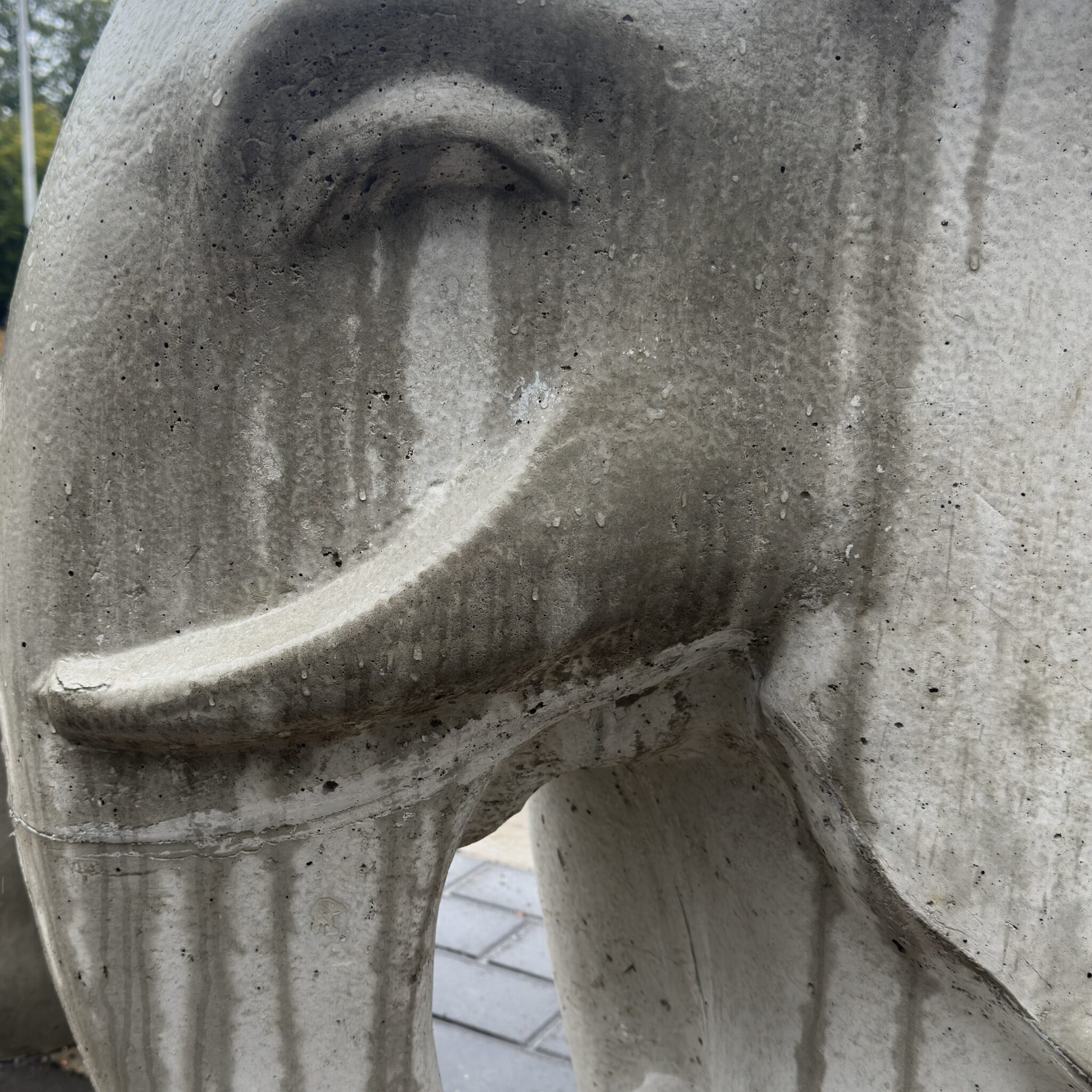 Ilmastikust kulunud betoonist elevandikuju vihmapiiskadega.