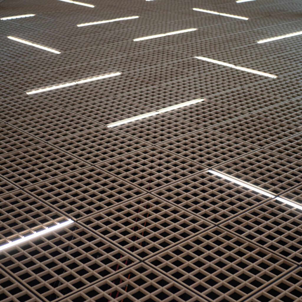 Ruudukujuliste tulede võrgustik laes.