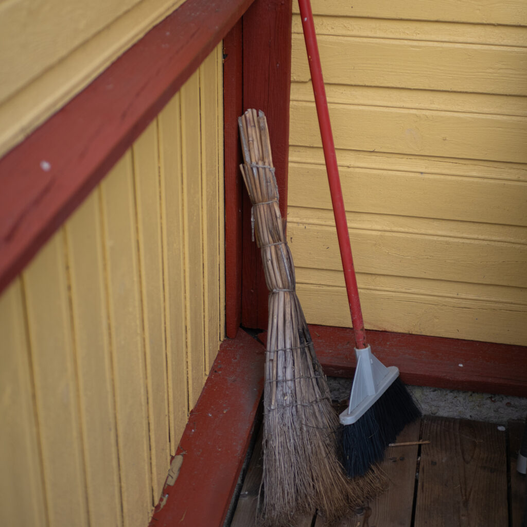 Kaks luuda toetuvad kollase ja punase seina vastu.