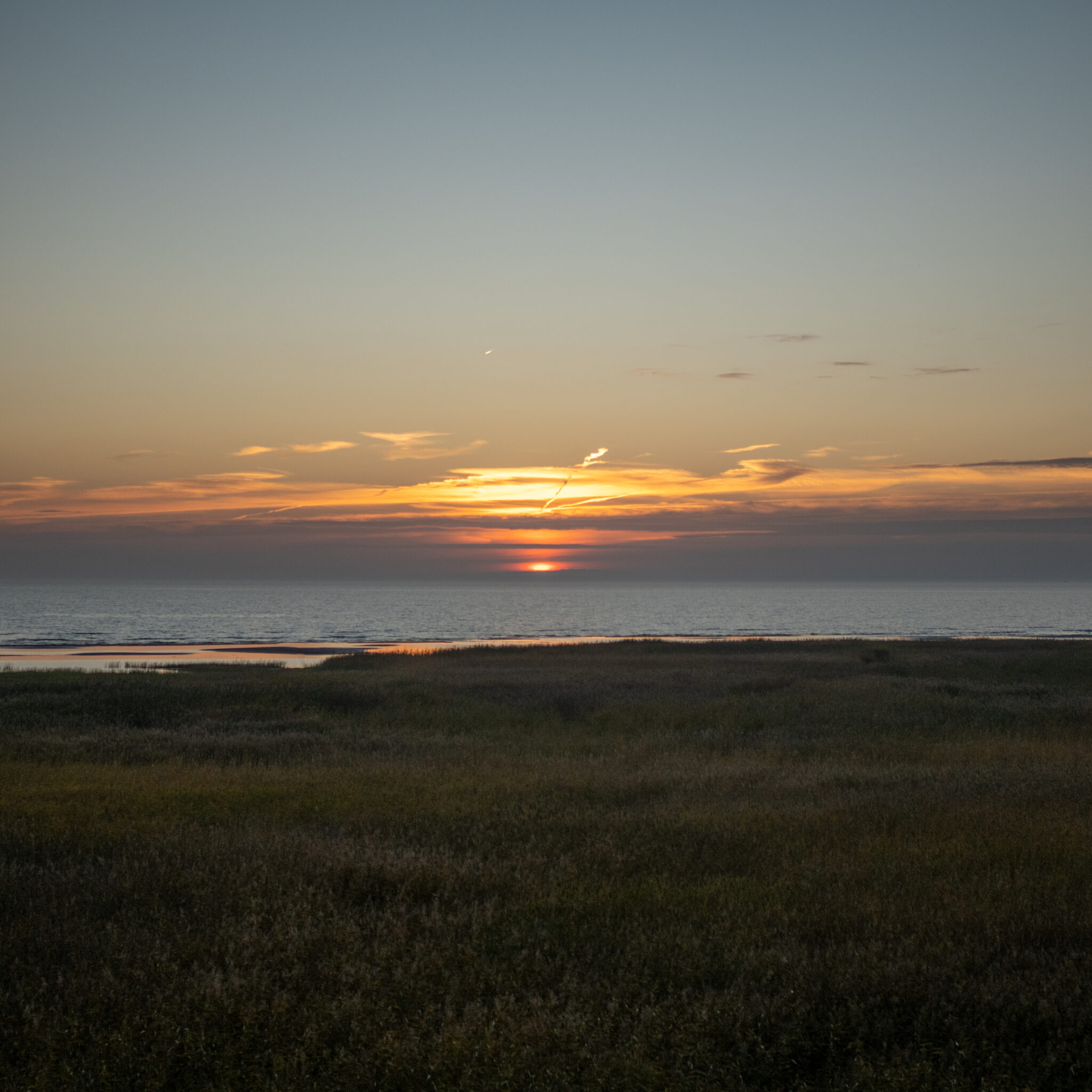 Päikeseloojang rahuliku mere ja rohulise kalda kohal.
