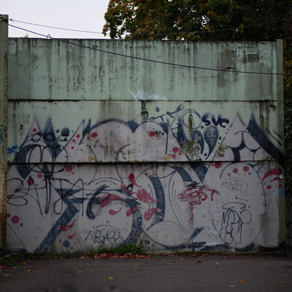 Grafiti betoonseinal, taustal puud.