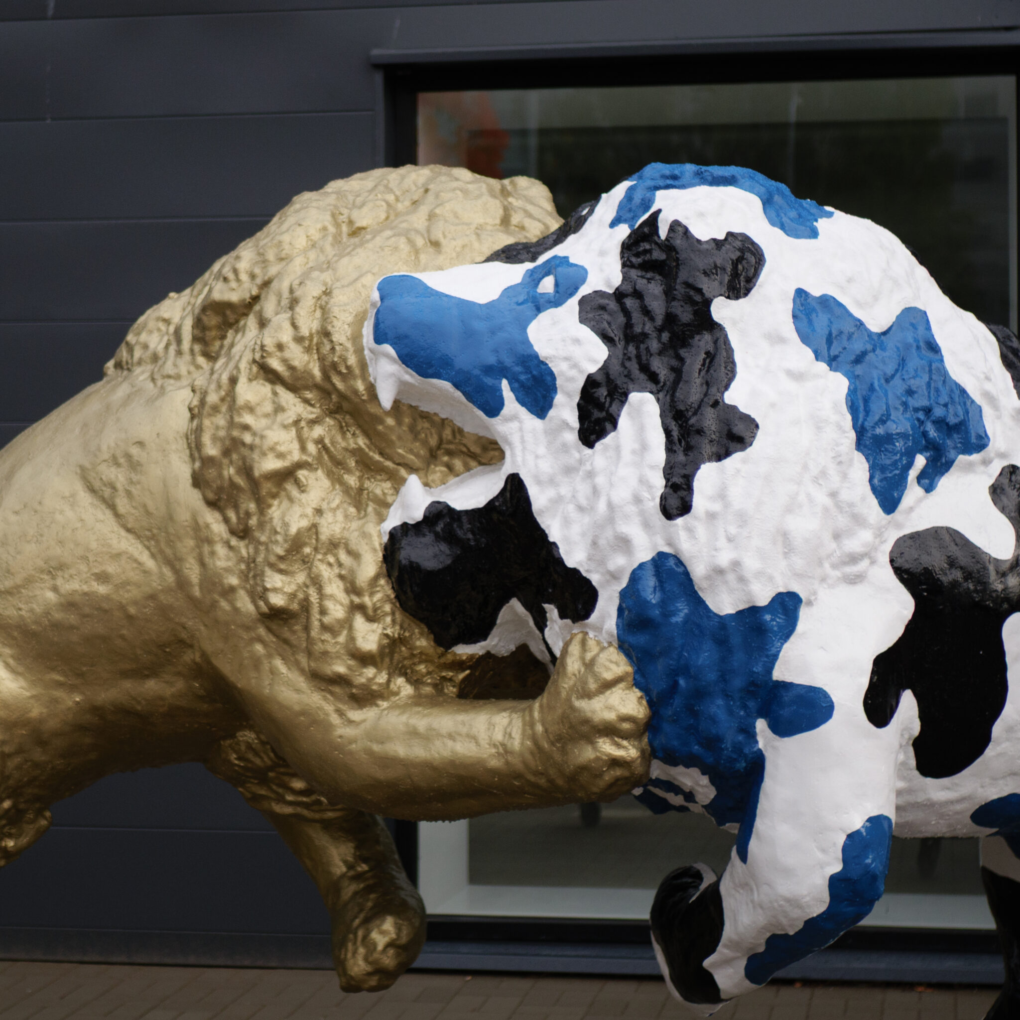 Kuldne lõvi lehma pea ja siniste täppidega.