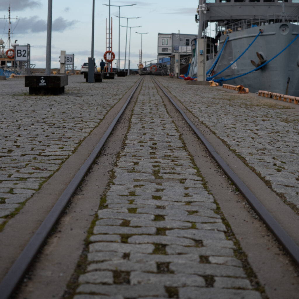 Raudteerööpad viivad sadamas seisva laevani.