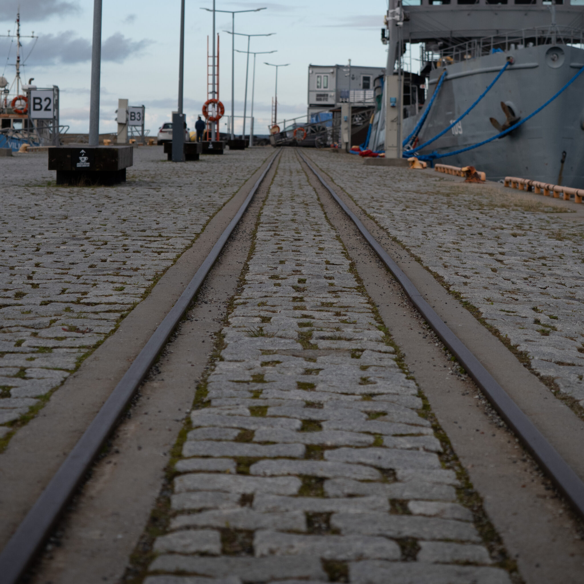 Raudteerööpad viivad sadamas seisva laevani.