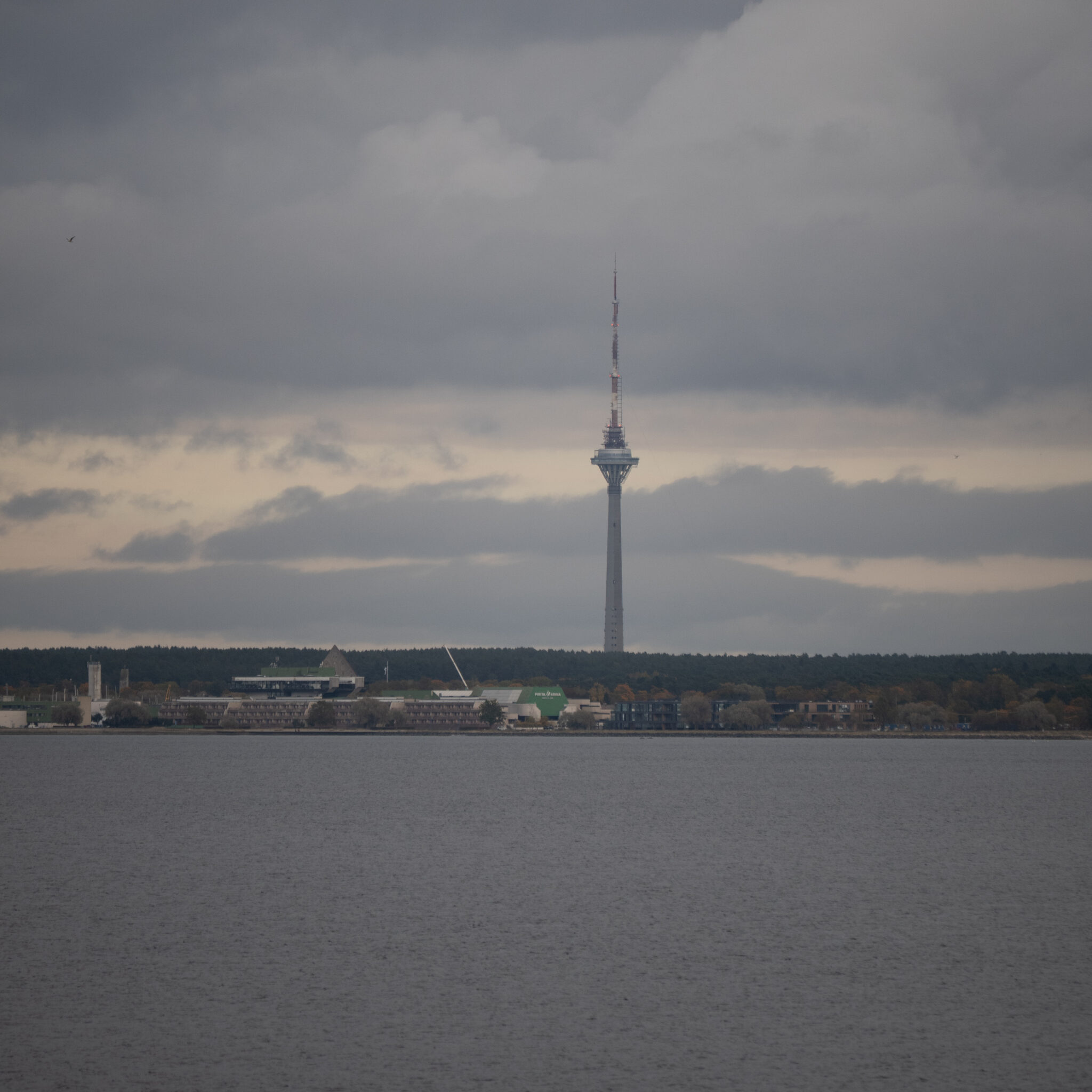 Kõrge torn horisondil, esiplaanil järv.