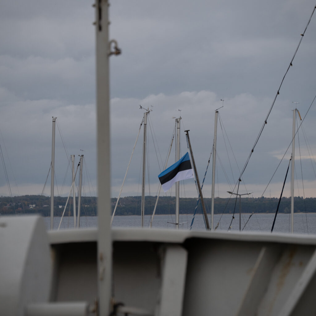 Lipp lehvib paadi mastide vahel pilvise taeva taustal.