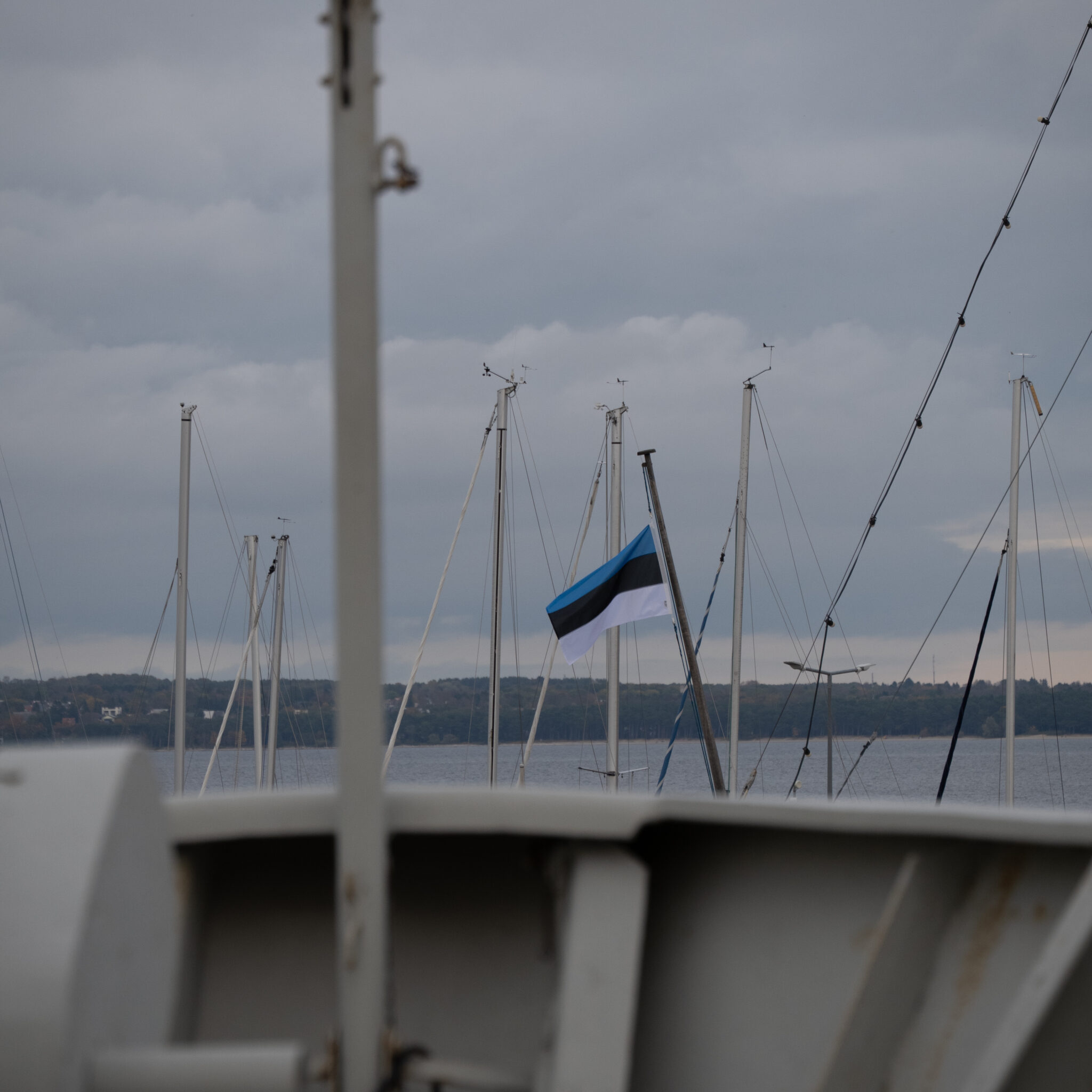 Lipp lehvib paadi mastide vahel pilvise taeva taustal.