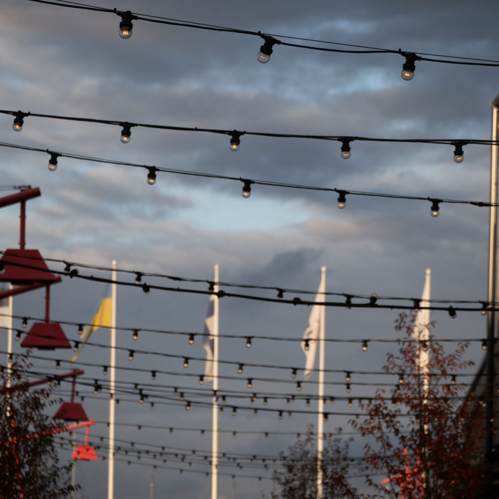 Valgustid ja lipud pilvise taeva taustal.