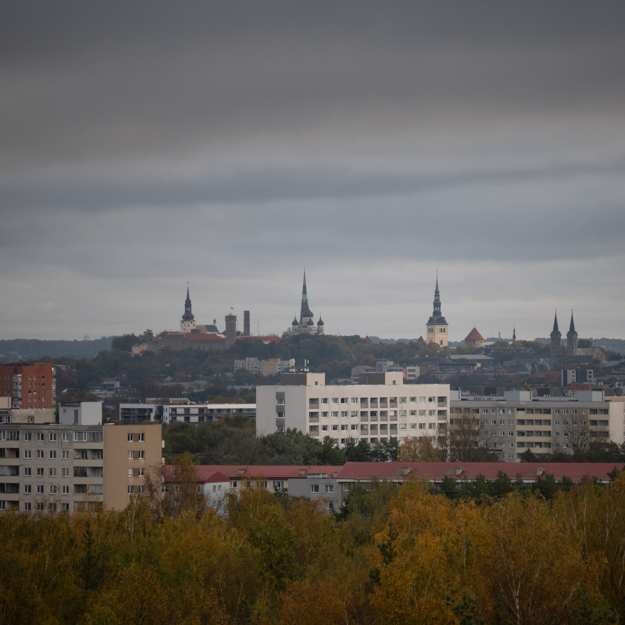 Linnavaade lossi ja kirikutega puude vahel.