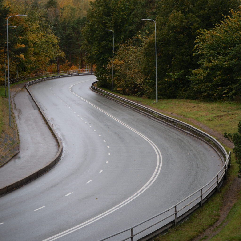 Käänuline metsatee valgete joonte ja metallpiiretega.