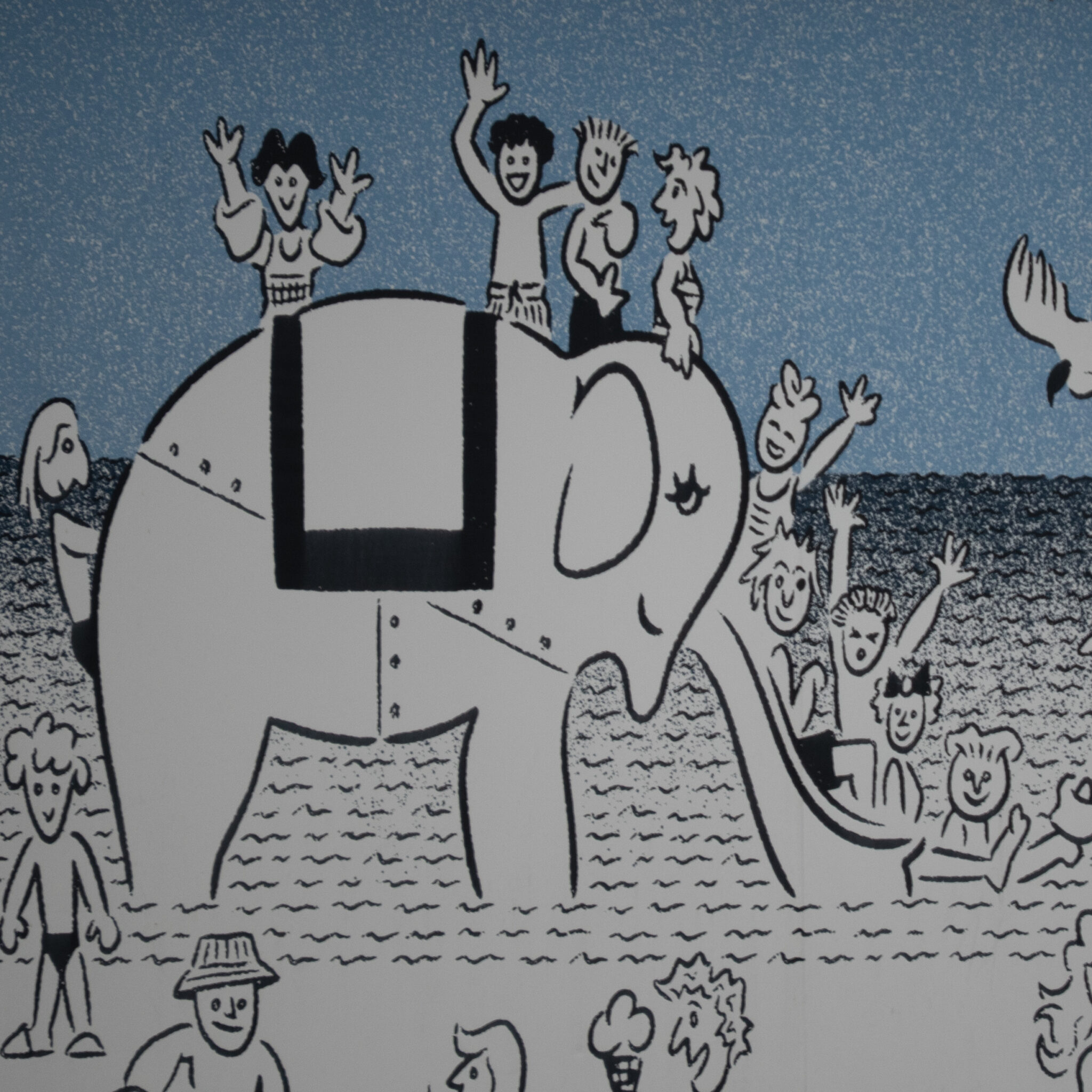 Multifilmilik elevant inimestega seljas.