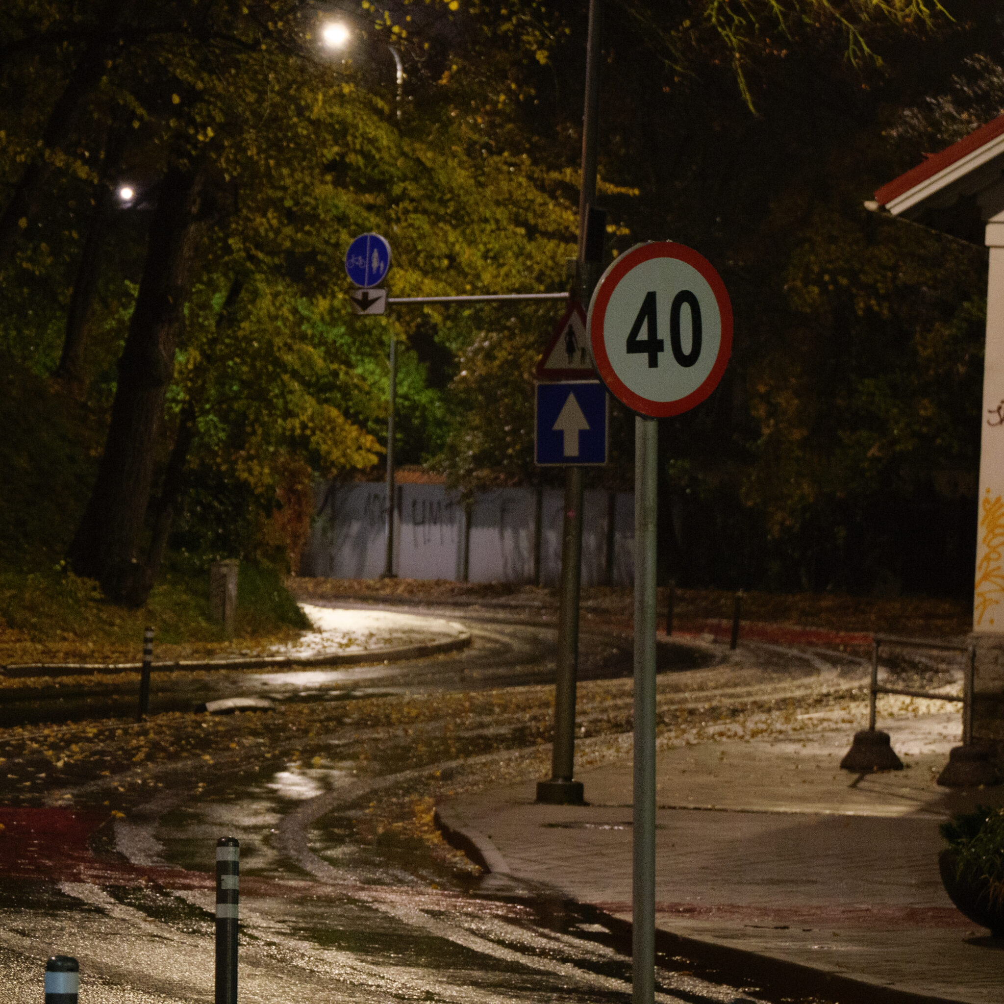 Öine tänavavaade 40 kmh kiiruspiirangu märgi ja teiste liiklusmärkidega.
