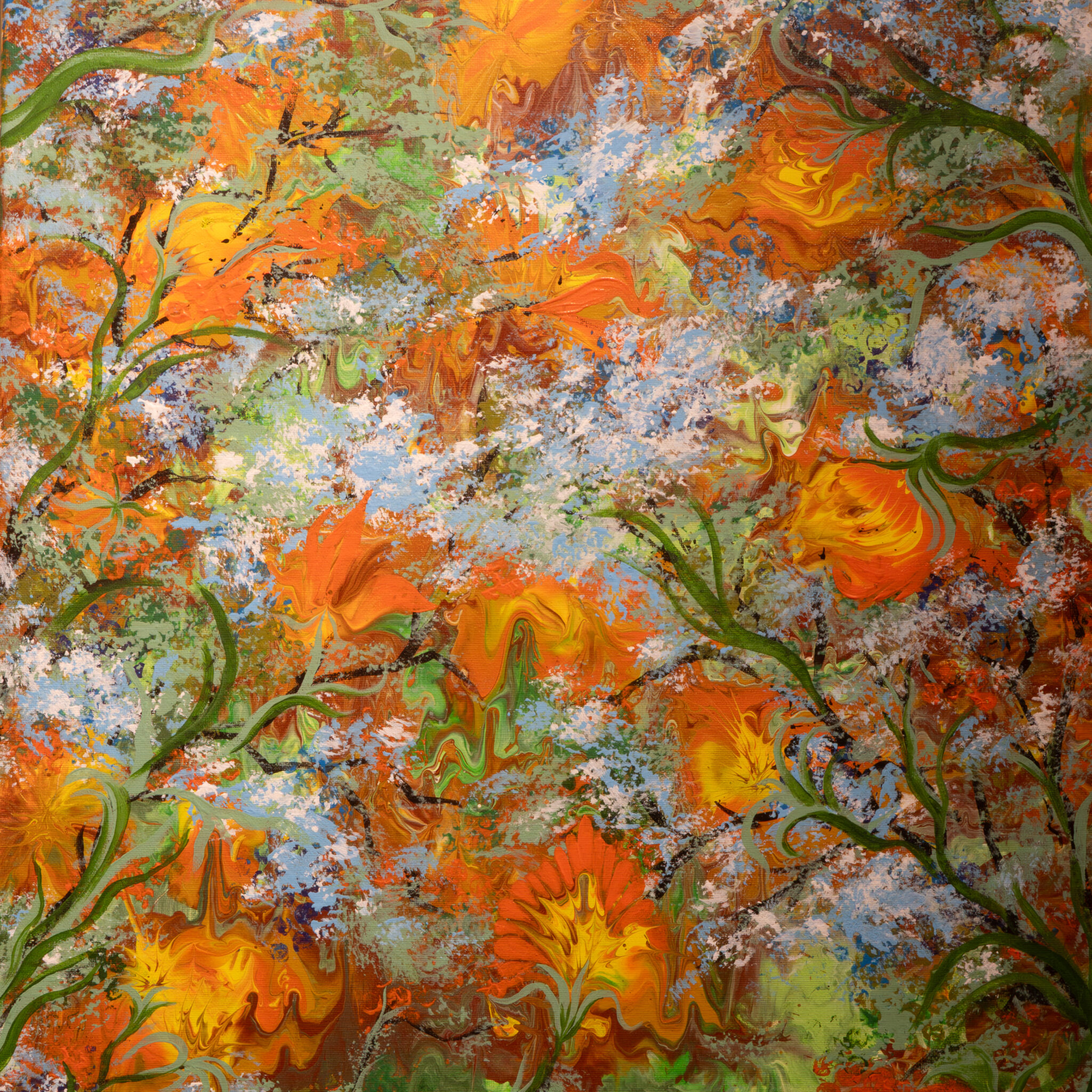 Erk abstraktne maal oranžides, kollastes ja rohelistes toonides.