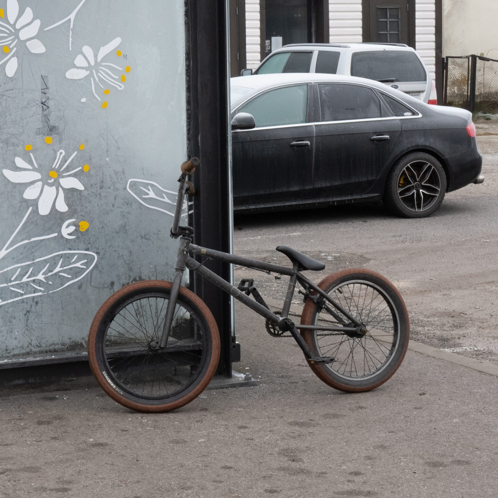 Jalgratas seina najal, taustal auto.