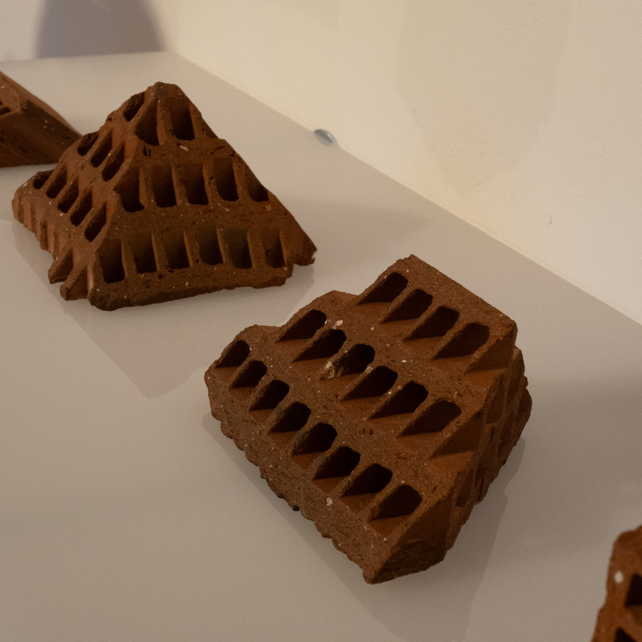 Kaks kolmnurkset ja kandilist tellist valgel pinnal.