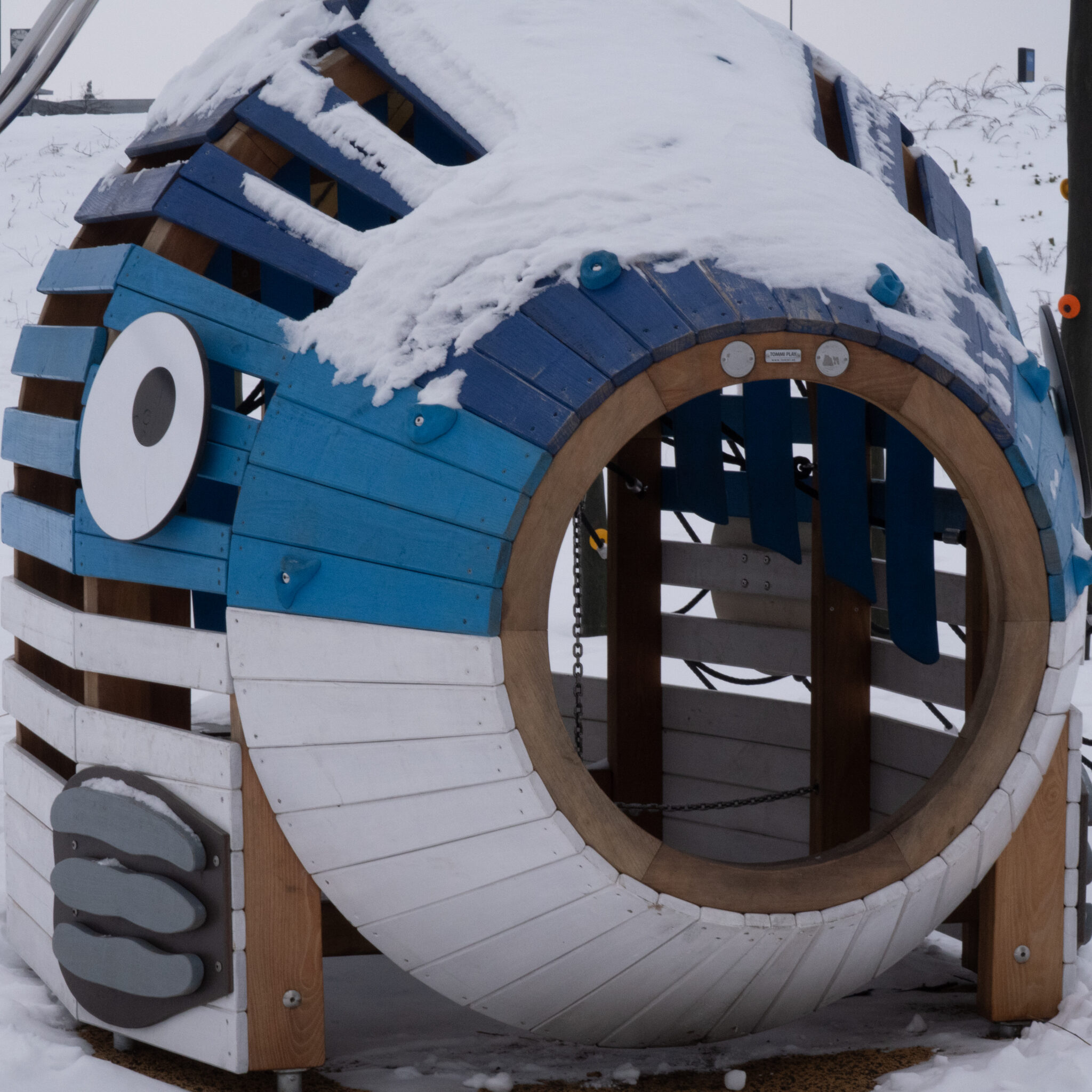 Lumega kaetud kalakujuline mänguväljaku atraktsioon.
