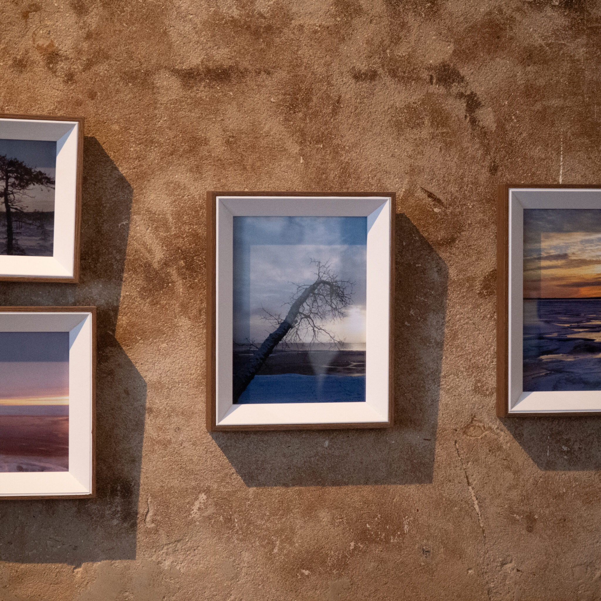 Tekstuurse seina küljes ripuvad neli raamitud maastikufotot.