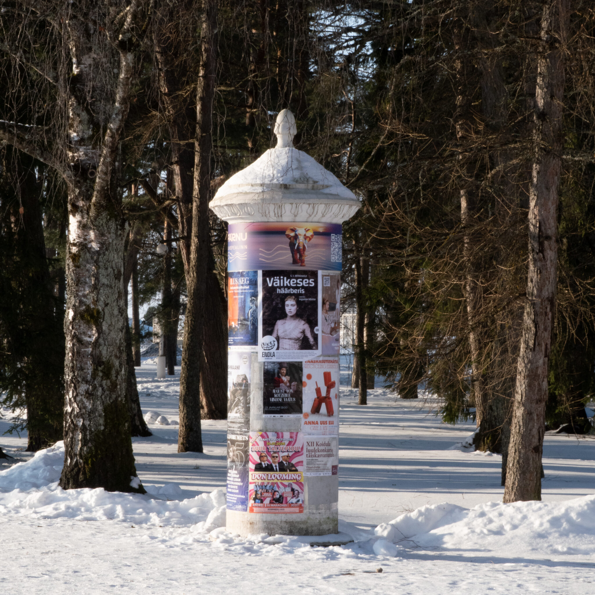 Lumine plakatitega sammas metsas.