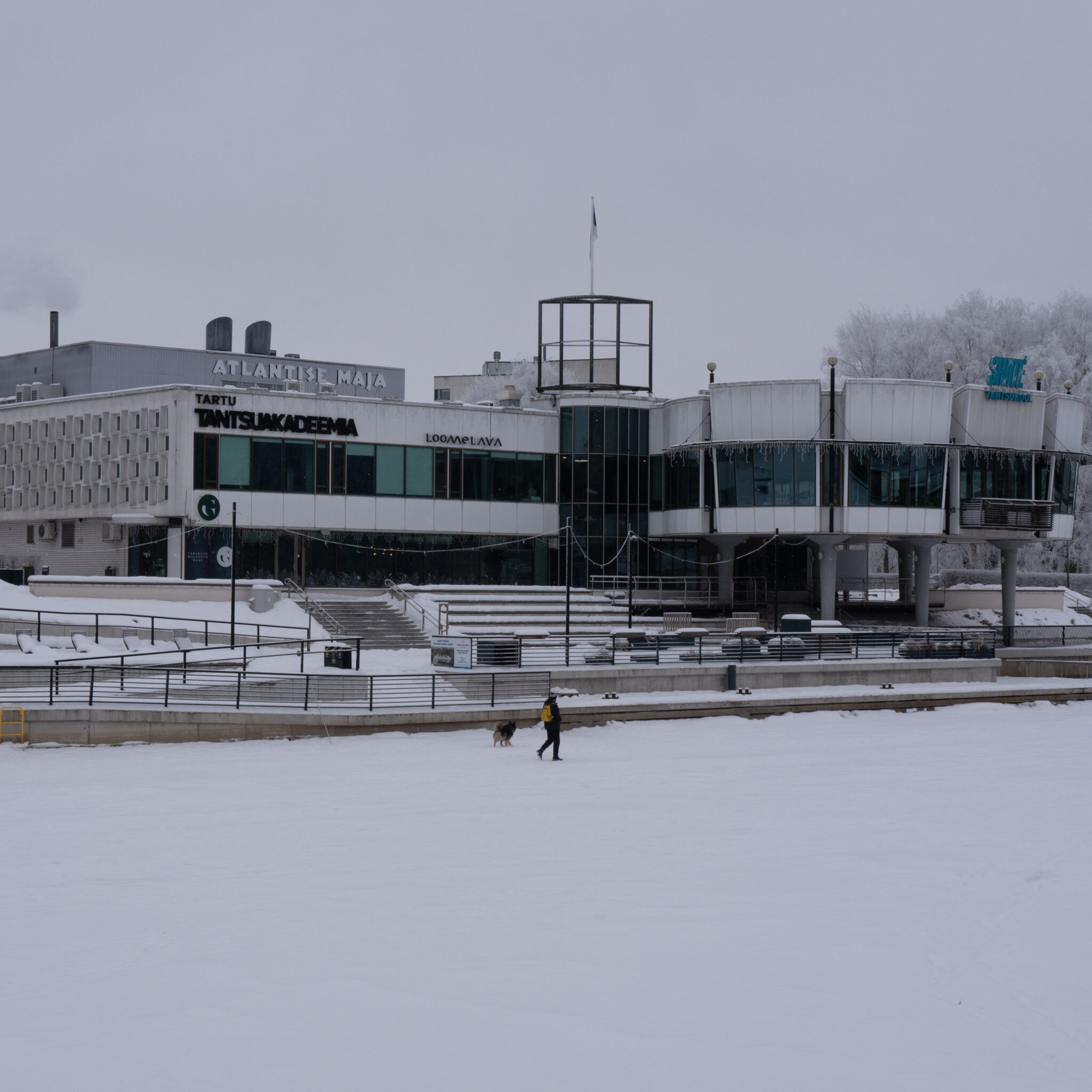 Inimene ja koer kõnnivad talvel modernse hoone juurest mööda.