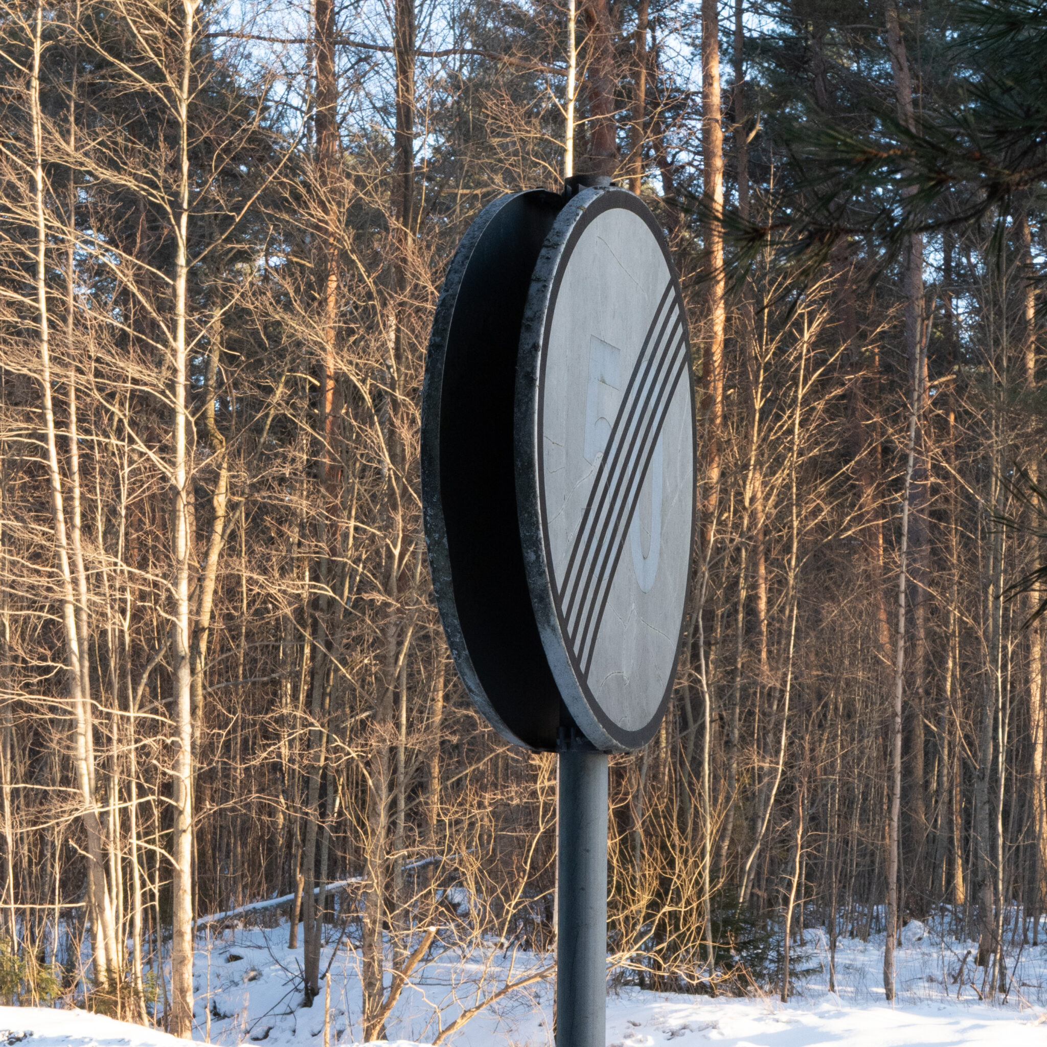 Liiklusmärk lumises metsas.